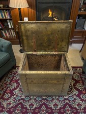 Stunning Antique Brass Fireside Storage Log Box With Copper Handles