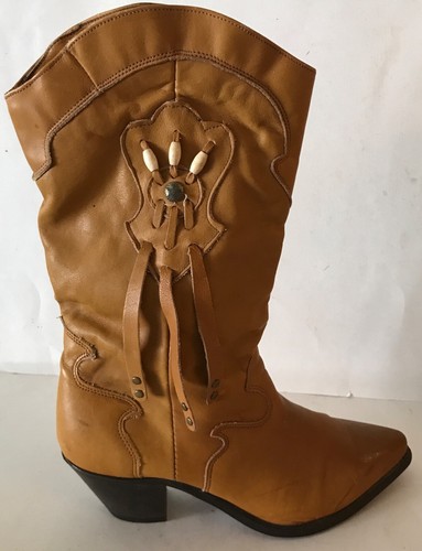Code West Women's Cowboy Boots Tan Native Beads Tasseled Western Size 7.5