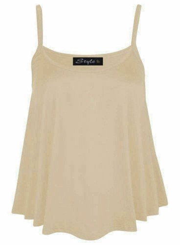WOMENS PLAIN SWING VEST SLEEVELESS TOP STRAPPY CAMI LADIES FLARED UK - Picture 51 of 55