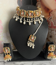 Indian Gold Pearl Necklace Earrings Tikka Jewellery Ladies Gift Set Party Wear