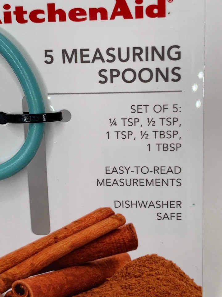 KitchenAid 5 piece measuring spoon set aqua blue color silicon grips on handles - Image 2 of 4