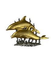 JJ Jonette DOLPHIN Porpoise Brooch 2" x 2.75" Sea Life Gold Silver Nautical VTG