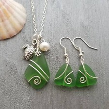 Hawaiian Jewelry Sea Glass Jewelry Set For Women, Wire Forest Green Necklace