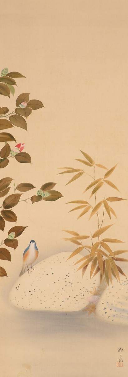 HANGER SCROLL JAPANESE PAINTING JAPAN FLOWER ROSE Bird VINTAGE