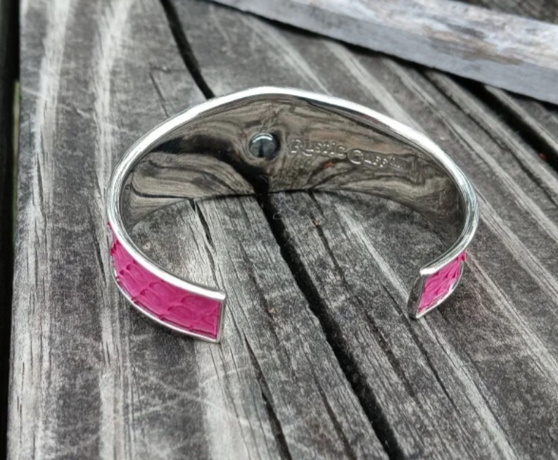 Rustic Cuff Bracelet Pink Python Silver Metal Adj… - image 2