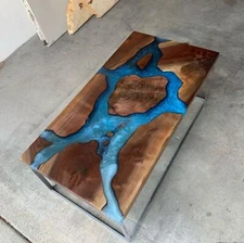 Ocean Wave Themed Epoxy Resin Dining Table Top Live Edge Wood Terrace Garden Dec