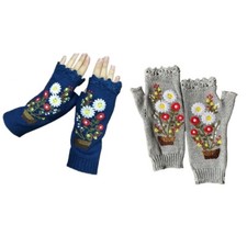 Stretchy Floral Embroidered Hand Warmer Fingerless Knitted Gloves Soft Mitten