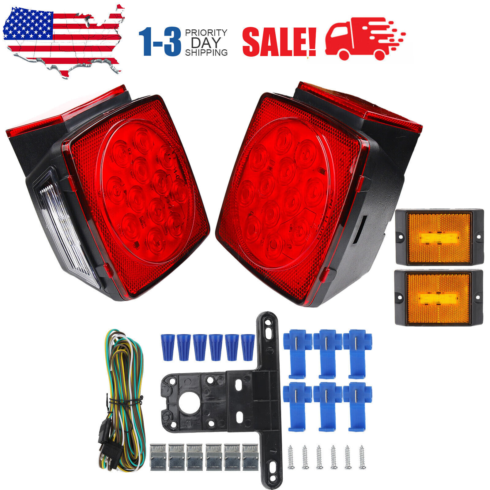 12V Rear LED Submersible Trailer Tail Lights Kit Boat Marker Truck Waterproof US
