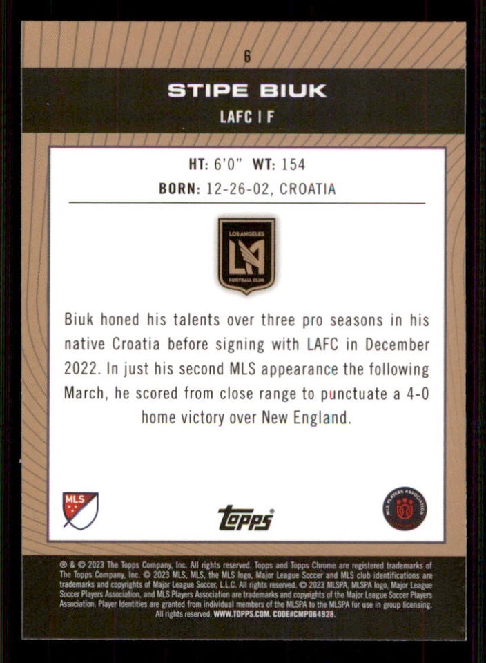 2023 Topps Chrome MLS #6 Stipe Biuk PP - Image 2 of 2