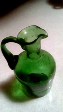Vintage, Hand Blown Green Glass Cruet Bottle,  vinager holder, with handle