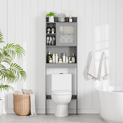 Over The Toilet Bath Storage Shelf Cabinet Bathroom w/Adjustable Shelves Gray