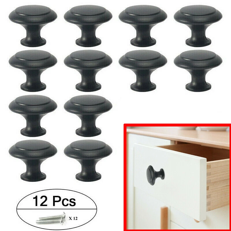 12 Pcs Door Knobs Black Alloy Cabinet Pulls Handles For Cupboard Drawer Kitchen