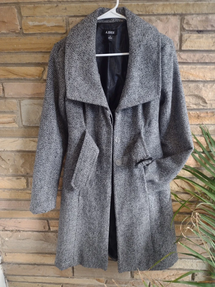 Abrigo largo medio gris tweed mezcla lana vintage con cinturón para mujer talla S Foto 2 de 4