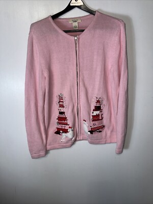 Vintage Bechamel  Poodle Christmas Zip Up Cardigan Large Ramie Cotton Blend