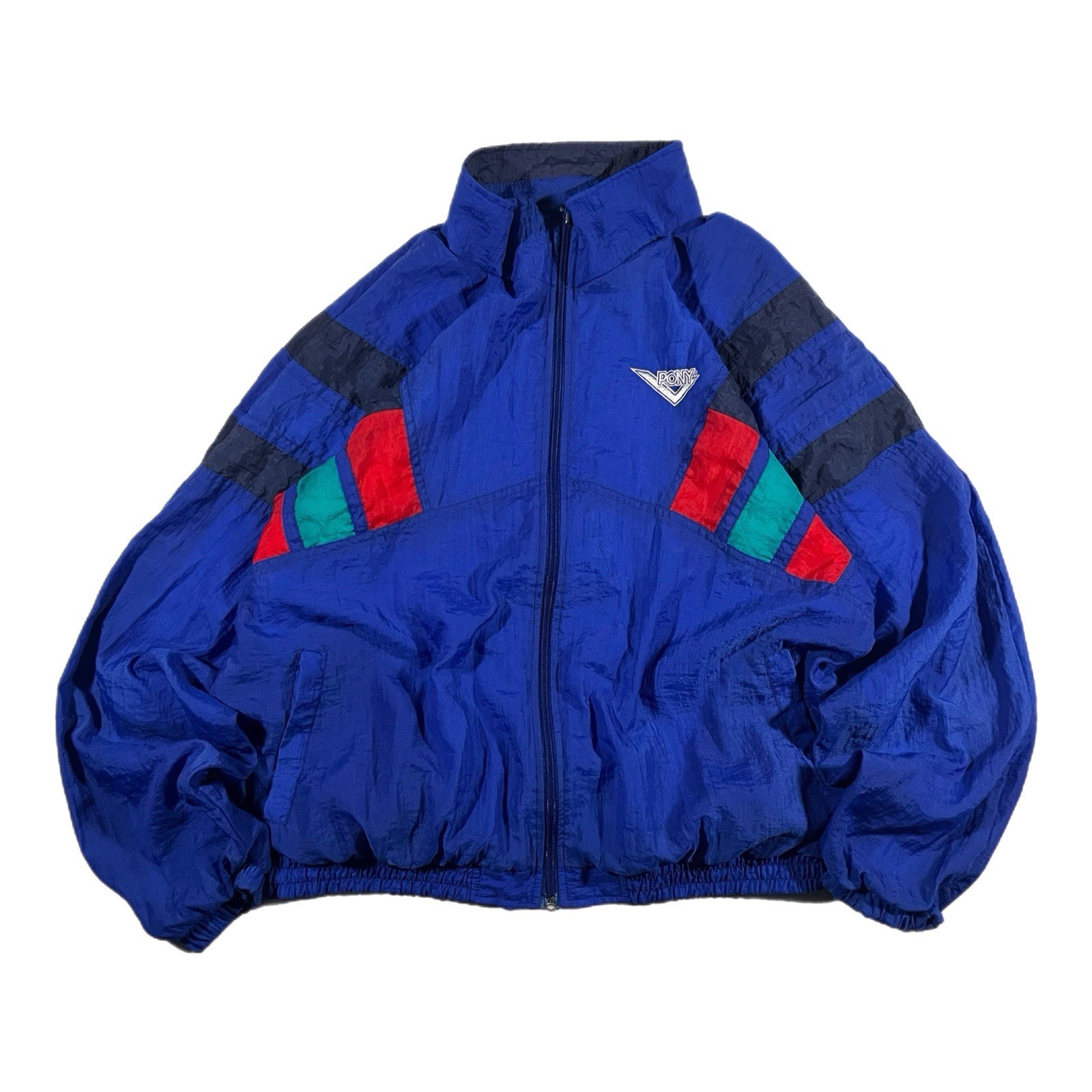 Giacca a vento vintage Pony full zip giacca cappotto pista blu rosso 100% nylon (XL)