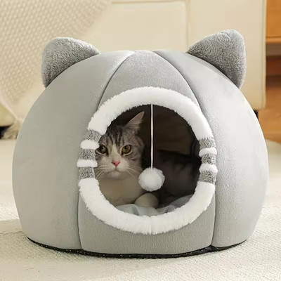 Large Cat Bed Cave Wool Cozy Pet Dog Igloo Bed Warm House Nest Kennel Grey S M L