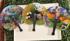 Vintage Oriental BIRD folding paper mini HAND FAN - Metal Latch Handle