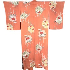 Pure Silk 1930s Pre-War Japanese Kimono Robe Coral Sherbet Geisha Duster 58  