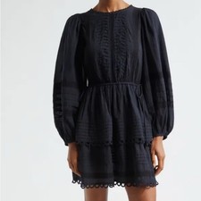 Farm rio Lace trimmed pin tuck cotton voile mini dress Ladies size small Black