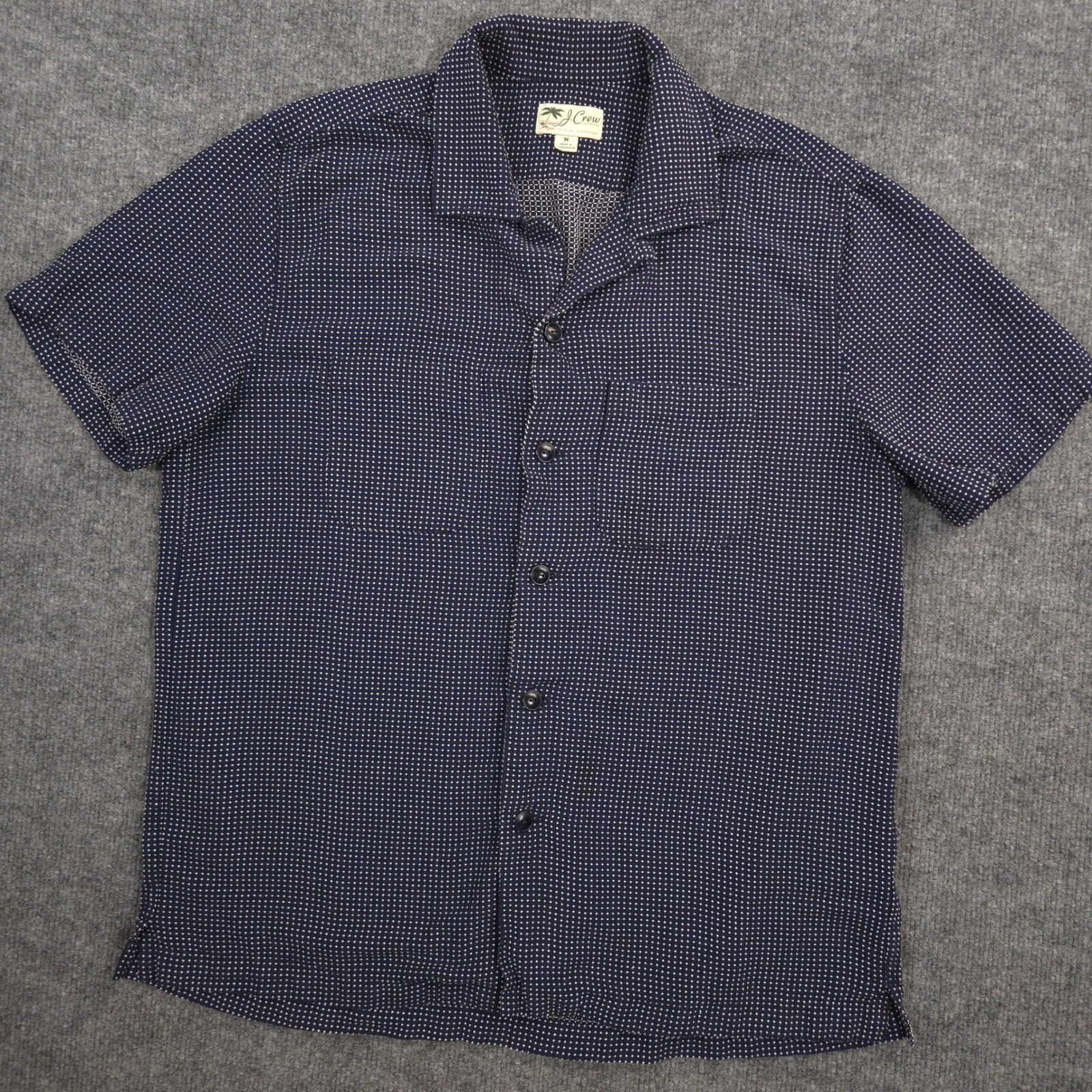J Crew Camp Shirt Mens M Navy Cross Dobby Loop Collar Short Sleeve Button Up