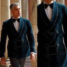 Velvet Men's Smoking Jacket with Shawl Lapel Prom Suit Blue Tuxedo Jacket