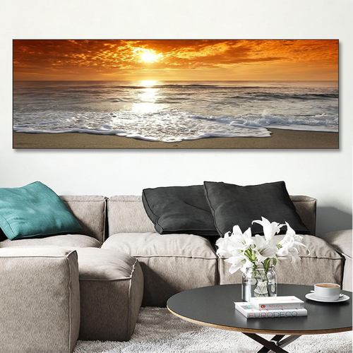 BNREDA Stampa Su Tela Con Montagne E Tramonto Sul Mare - Quadro Moderno XXL 40x120 Cm - Senza Cornice, Per Soggiorno E Camera - 3