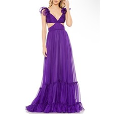 MAC DUGGAL Purple Ruffle Tiered Cut-Out Chiffon Gown Size 8
