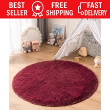 Burgundy Fluffy Plush round Rug 4X4 Ft Furry Shag Circle Rug for Nursery Kids