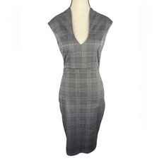 Privy Women's Black grey white Bodycon plaid Dress W/ Back Zipper Sz S v-neck