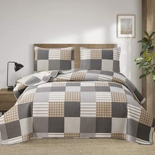 Plaid Quilt Set Queen Size Lightweight Bedspread Set Grey Brown White Patchwo...