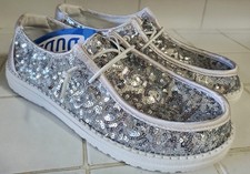 HEY DUDE Wendy Sequin Disco Silver Women's Shoes Slip-On BRAND NEW Size 8