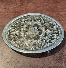 Vintage Western Nickel Plated Floral Engraved Oval Belt Buckle Scroll Design