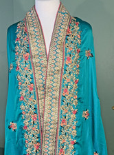 Indian Handmade Green Floral Bridal Hand Embroidered Saree Dupatta Jacket