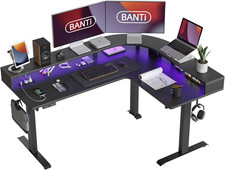 Triple Motor 63'' L-Shaped Standing Desk with LED Light Strip and Power Outlet,