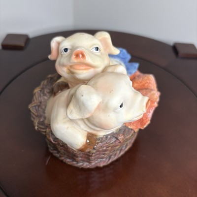 2 Pigs in a Basket with a Blanket & a Hat with a Bow Figurine Country Decor