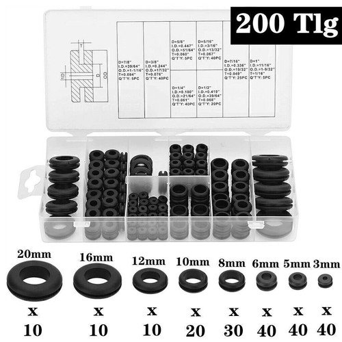 200-tlg Durchgangstüllen Sortiment Gummi-Tüllen Kabel Durchführung Box 3~20 mm