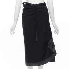 COMME DES GARCONS 2003 100 wool black pinstripe plaid bow wrap kilt skirt