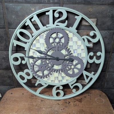 MacKenzie Childs Sterling Check Small Farmhouse Wall Clock w Exposed Gears 23.5''