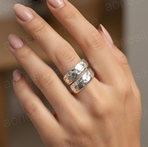 925 Sterling Silver Hammered Wrap Ring-Adjustable Textured Bypass Thumb Band