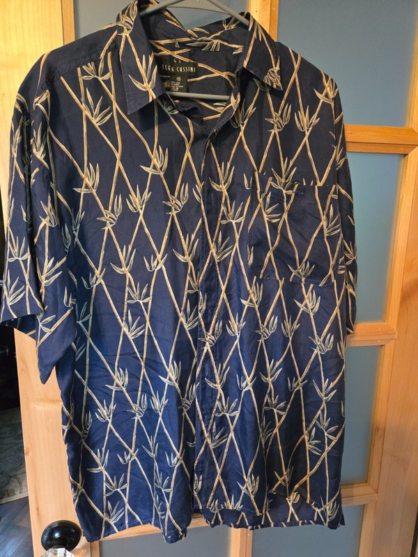 Oleg Cassini Mens Blue Bamboo Print Short Sleeve Button-Up Shirt Size Med SILK