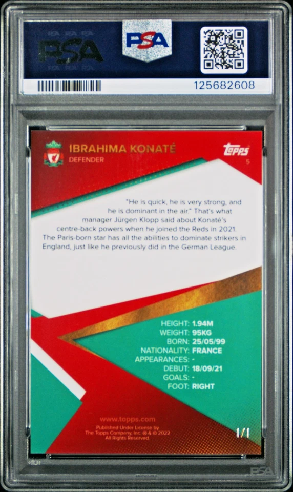 2021-22 Topps LIverpool FC IBRAHIMA KONATE GOLD 1/1 PSA 10 #5 - Image 2 of 2