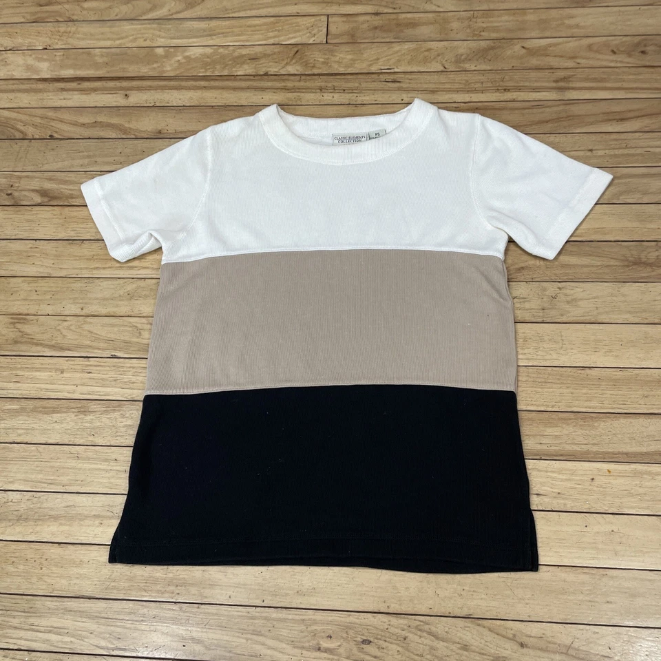 CLASSIC ELEMENTS VTG Knit T Shirt Women P S Tan Black Cream Short Sleeve Tee Top - Image 3 of 4
