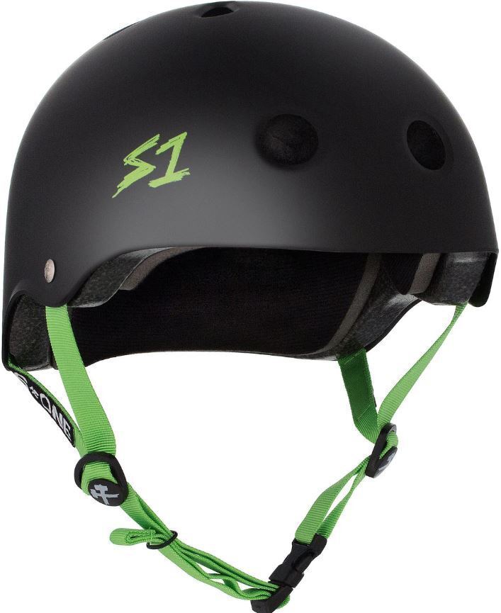 S1 Lifer Helmet - Matte Black with Green Straps | Adult Skate Helmets from S-One