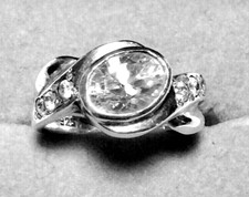 925 STERLING SILVER ENGAGEMENT RING, OVAL CZ SOLITAIRE, WITH ACCENTS, SIZE 6