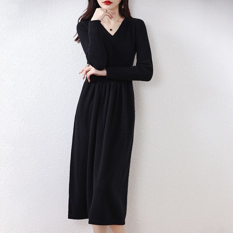 Women Long Dress Wool Knitted Jumpers Winter V Neck A Line Midi
