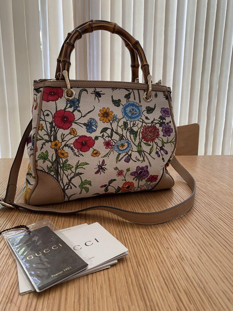 GUCCI Flora Shopper Shoulder Hand Bag Purse Bamboo Leather From