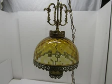 B OLD VINTAGE GOLD AMBER GLASS SWAG CEILING LIGHT WORKS NICE RETRO LIGHT