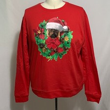 Ugly Christmas Sweatshirt Santa Pug Dog Puppy Bells Wreath Red Mens Womens XL