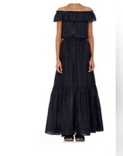 Ulla Johnson Barney’s Navy Blue Off the Shoulder Smocked Eyelet Maxi Dress Sz 0