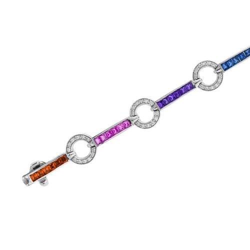 18K White Gold Natural Diamond Rainbow Sapphire Donut Link Bracelet - Picture 9 of 14